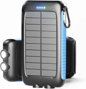 Durecopow 49800mAh solar power bank in blue with carabiner and flashlight