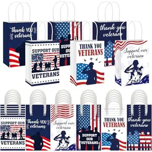 Large pack of red, white, and blue kraft paper gift bags with 'Thank You' and American flag design