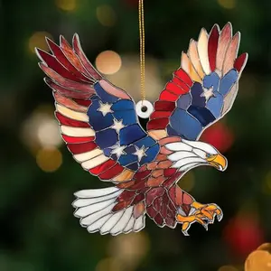 Acrylic bald eagle ornament with American flag stained glass effect and hanging cord