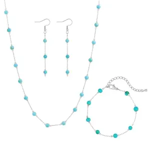 Turquoise choker necklace, bracelet, and earrings set arranged on a white background
