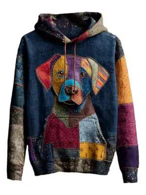 Blue hoodie with vintage-style patchwork Labrador dog print, offering a retro fashion look.