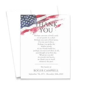 Flat personalized funeral thank you card with American flag design, customizable text and envelope color options.