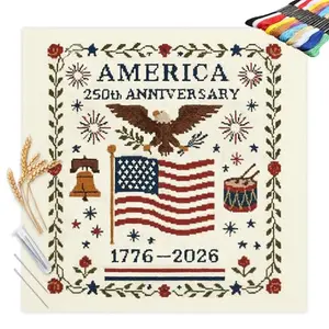 Stamped cross stitch kit with patriotic symbols and alphabet theme