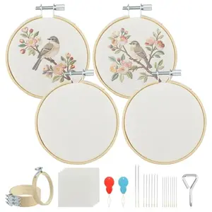 MARRTEUM 4-piece 3-inch bamboo embroidery hoop set with fabrics, needles, and threader