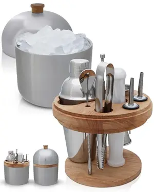 Gusto Nostro cocktail set with stainless steel ice bucket and wooden organizer, elegant home bar