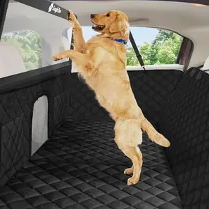 Snagle Paw dog car seat cover and back seat extender with high barrier and see-through mesh, installed in SUV