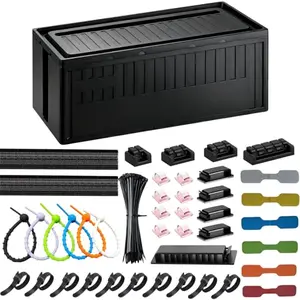 Topavatop medium cable management box in black with 141 accessories including sleeves, ties, and clips