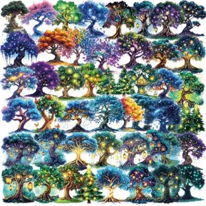 Sheet of 50 fantasy magic tree stickers with glowing details and seasonal colors