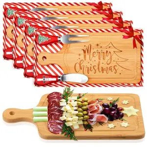 Ziliny 4 square bamboo charcuterie boards with Christmas theme, knives, and gift boxes