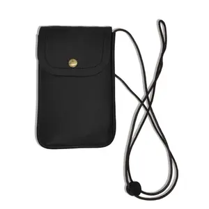 YKEBVPW black PU leather neck pouch with bronze button, adjustable strap and front card slot