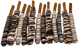 US Sweets gourmet pretzel rods with dark chocolate, white chocolate, and caramel almond coatings