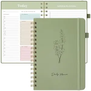 Green Oucaru A5 daily planner with gold spiral binding and polypropylene cover
