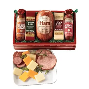 The Swiss Colony High 5 Assorted Summer Sausages and Cheeses gift basket with garlic summer sausage, cheddar cheese, ham summer sausage, brick cheese, and original summer sausage