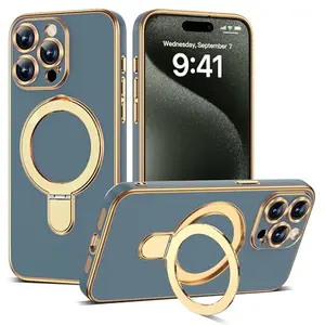 ETPESOK plating case for iPhone 15 Pro Max in grey blue with magnetic ring stand and full camera cover