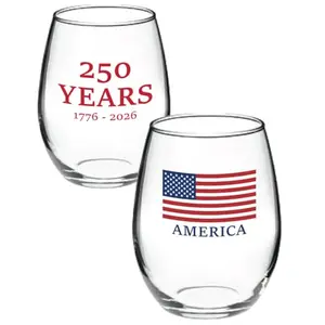 Set of two stemless wine glasses with 1776-2026 American flag anniversary design