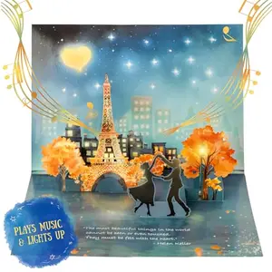 3D pop up anniversary card with Paris scene, LED lights, and romantic music