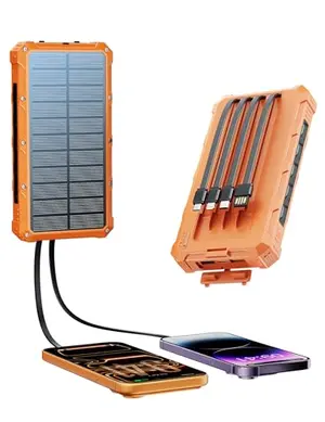 Etsuati 20000mAh orange solar power bank with built-in cables and carabiner