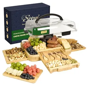 SRRUI portable bamboo charcuterie board with lid, handles, and utensils
