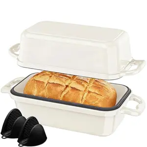 DYCYRQ Enameled Cast Iron Sourdough Bread Loaf Pan 2PCS cream with lid and oven mitts
