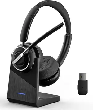PrancyBt wireless headset with microphone, charging base, and USB dongle for computer and calls