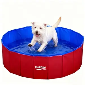 Red foldable pet pool with a dog inside