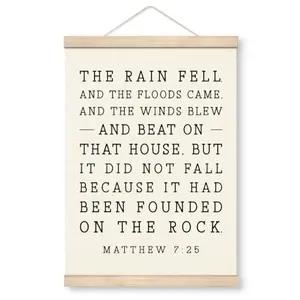 Yxadu Christian wall art canvas poster with wood hanger featuring Matthew 7 house built on the rock Bible verse, rustic farmhouse home decor