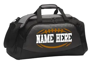 Personalized grey football duffel bag with custom name and number printed on the side