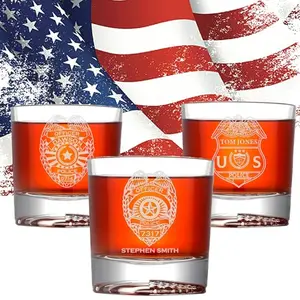 Police Officer Whiskey Glass with Engraved Badge and American Flag