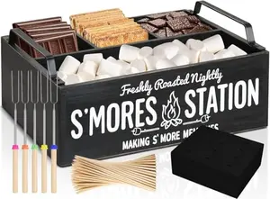 GrillQo wooden smores station kit with forks, bamboo sticks and mat
