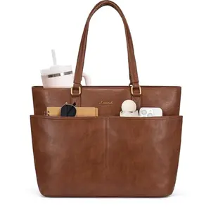 Vintage brown leather laptop tote with cup holder and gold-tone hardware