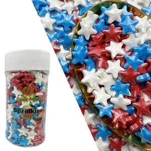 CandiJumpin jar of large red, white, and blue star sprinkles on a white background