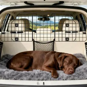 ERYTLLY expandable wire mesh dog car barrier installed in SUV cargo area, showing included storage bag
