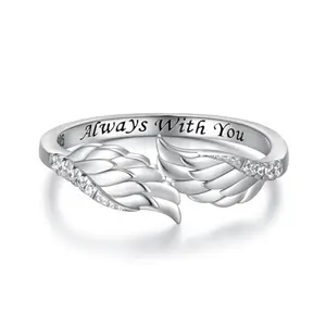 Zepmais sterling silver angel wing ring, 'Always With You' inner engraving, memorial jewelry for women