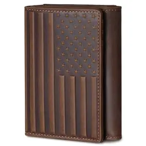 Pefiam dark brown trifold wallet with USA flag design