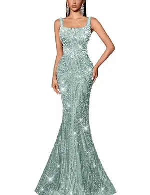 Mint blue sequin mermaid dress with square neckline and spaghetti straps
