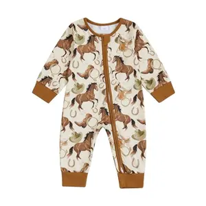 Brown baby romper with horse and cowboy boots pattern and zipper front