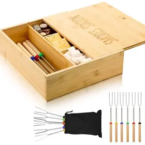 LemonRoad bamboo smores kit with lid, sticks and carry bag