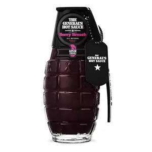Berry Breach hot sauce grenade bottle with dog tag