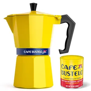 Yellow Cafe Bustelo branded moka pot with bold logo