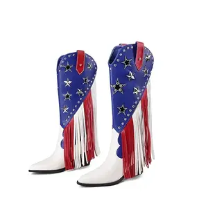 HiColor women's patriotic fringe studded cowboy boots with red, white and blue color blocking and star studs