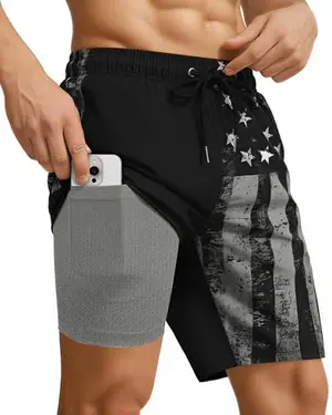 Yufawow Men's American Flag Swim Trunks with 4-Way Stretch