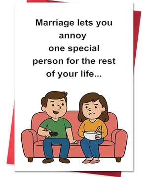 Funny anniversary card with cartoon couple and humorous marriage message