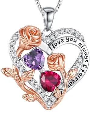 Mishurry rose gold and silver birthstone necklace with two stones and I love you engraving