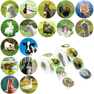 Roll of realistic farm animal stickers with perforated lines, featuring horses, pigs, sheep, and rabbits