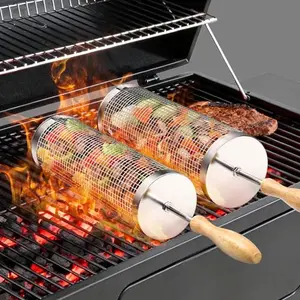 Two cylindrical stainless steel grill baskets with detachable wooden handles on a counter