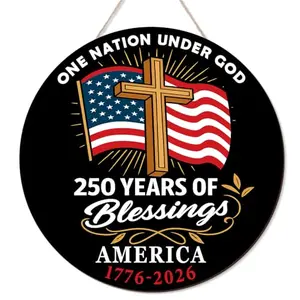 Aymolas wooden round door sign featuring American flag and 250 Years of Blessings text, hanging on a front door