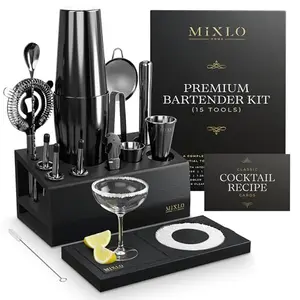 MIXLO HOME gun metal black bartender kit with bamboo stand and integrated cutting board