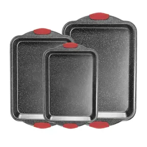 Anveena set of three black carbon steel baking pans with red silicone handles