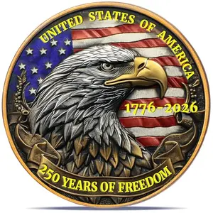 Patriotic USA 250th anniversary coin with eagle design in protective box