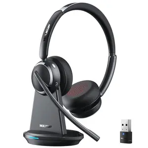 Waxop wireless headset with microphone for office calls, charging base, and USB dongle